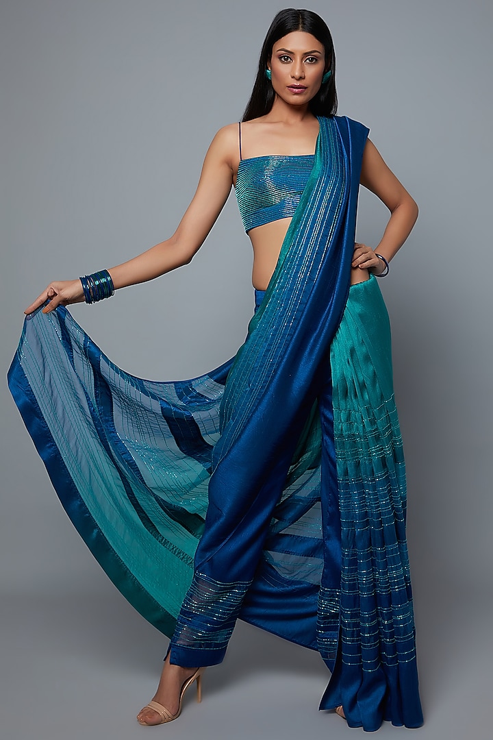 Aqua & Royal Blue Ombre Saree Set With Embroidery by Hemant Trevedi