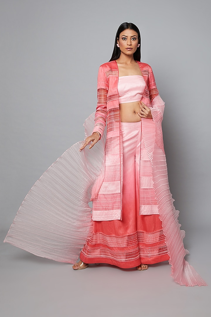 Pink & Blush Ombre Embroidered Long Jacket Set by Hemant Trevedi