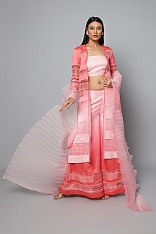 Pink & Blush Ombre Embroidered Long Jacket Set by Hemant Trevedi-LAYERINGS