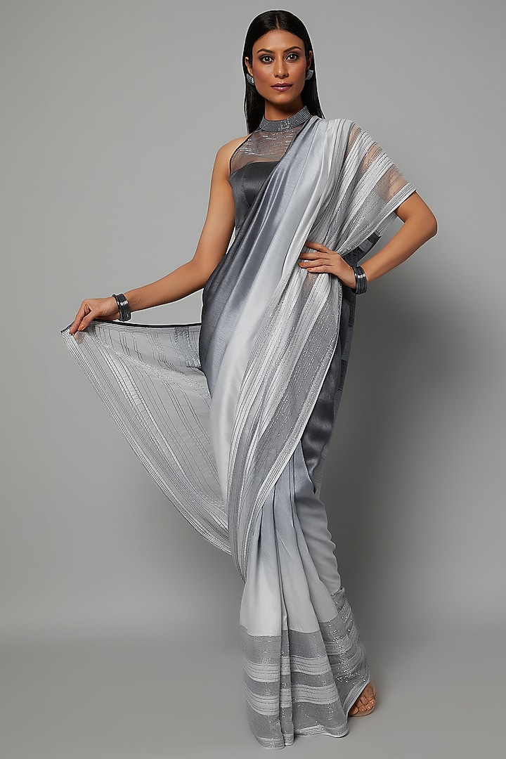 Dove & Grey Ombre Saree Set With Embroidery by Hemant Trevedi