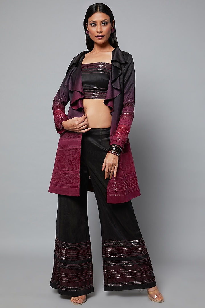 Wine & Black Ombre Jacket Set With Embroidery by Hemant Trevedi