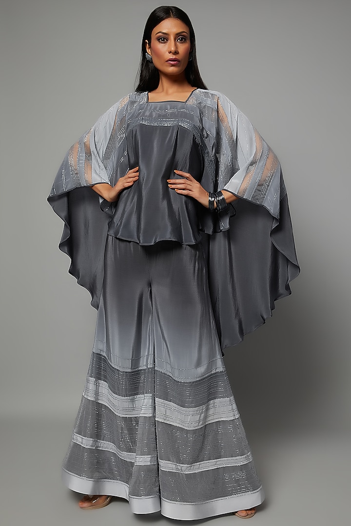 Dove & Grey Ombre Embroidered Palazzo Set by Hemant Trevedi