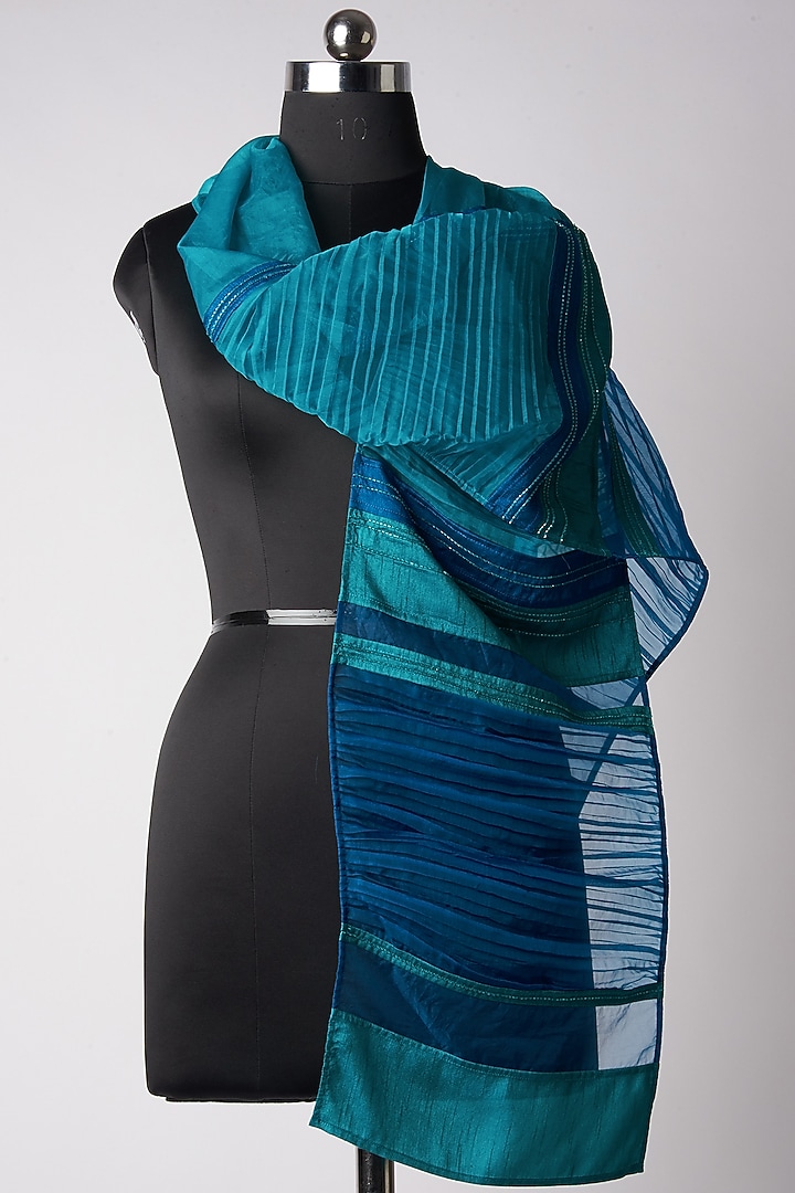 Aqua & Royal Blue Pleated Stole by Hemant Trevedi at Pernia's Pop Up Shop