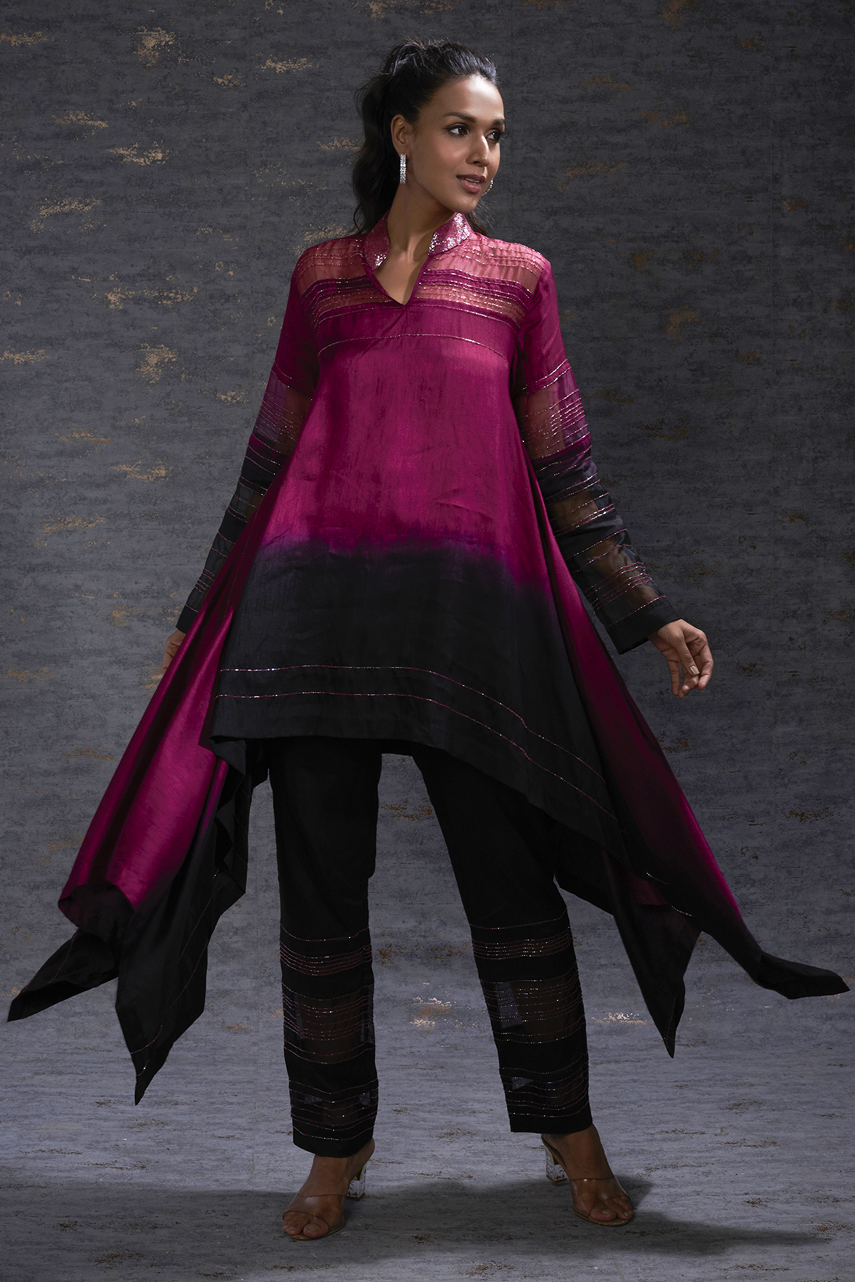 Wine & Black Ombre Asymmetrical Tunic Set by Hemant Trevedi