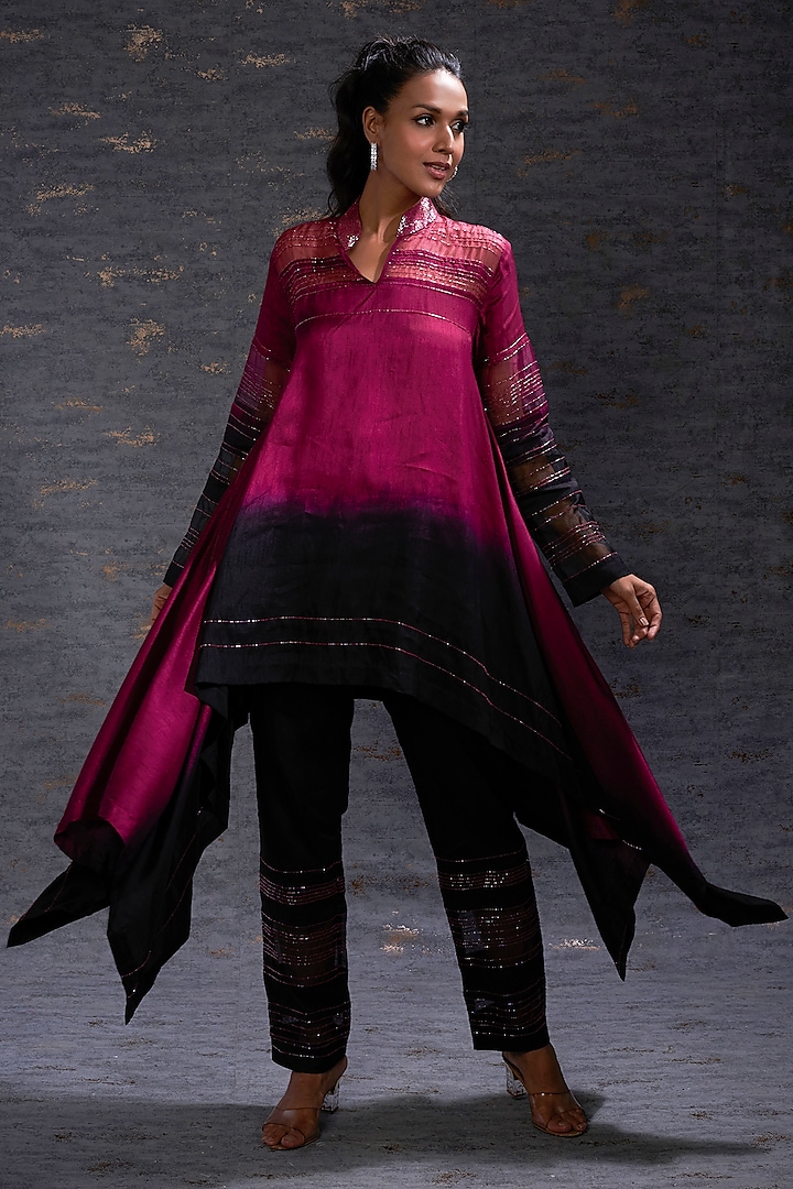 Wine & Black Ombre Asymmetrical Tunic Set by Hemant Trevedi