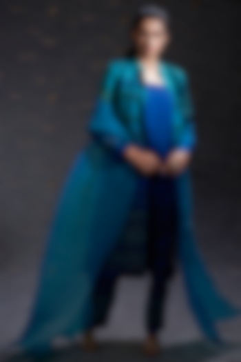 Aqua & Royal Blue Ombre Raw Silk Tunic Set by Hemant Trevedi at Pernia's Pop Up Shop