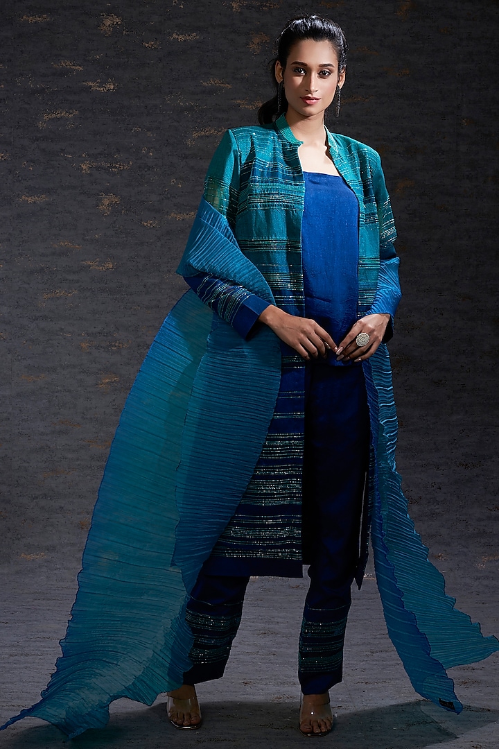 Aqua & Royal Blue Ombre Raw Silk Tunic Set by Hemant Trevedi at Pernia's Pop Up Shop