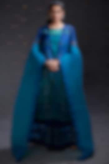 Aqua & Royal Blue Ombre Long Jacket Set by Hemant Trevedi at Pernia's Pop Up Shop
