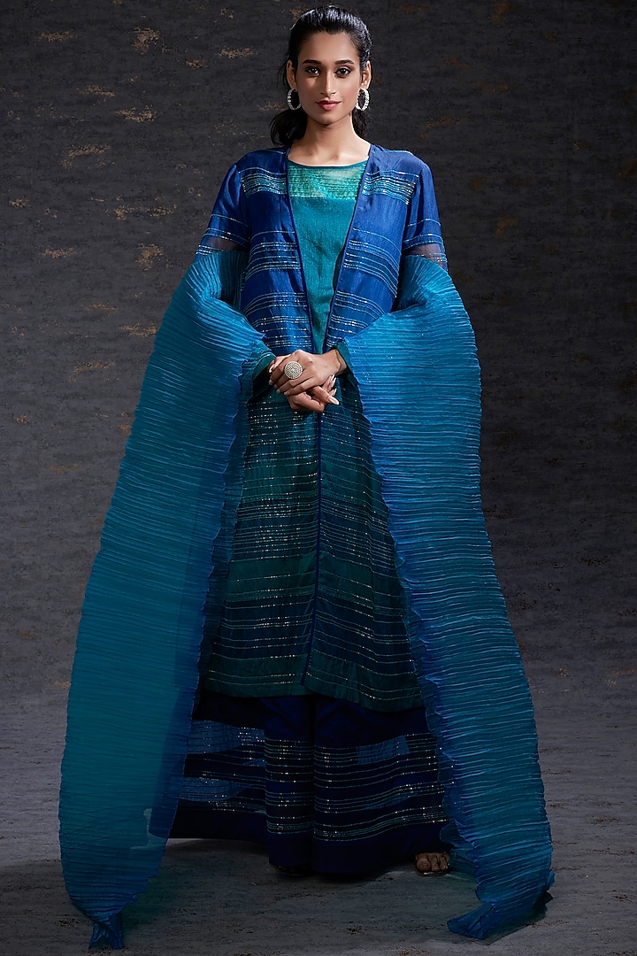 Aqua & Royal Blue Ombre Long Jacket Set by Hemant Trevedi at Pernia's Pop Up Shop