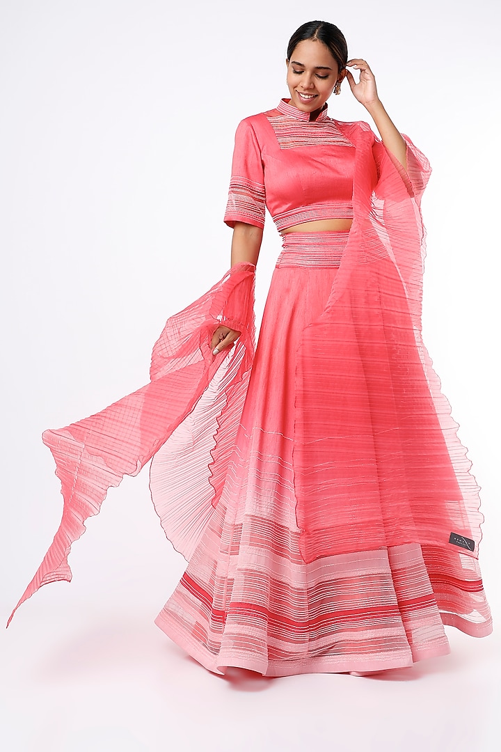 Blush Pink Ombre Embroidered Lehenga Set by Hemant Trevedi