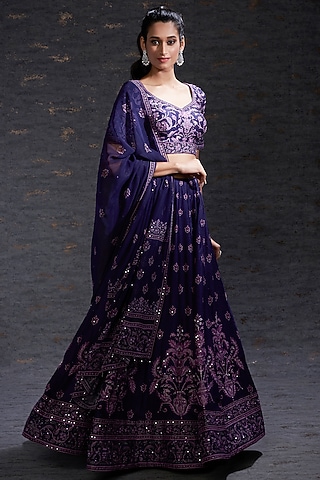 Purple Embroidered Lehenga Set by Hemant Trevedi