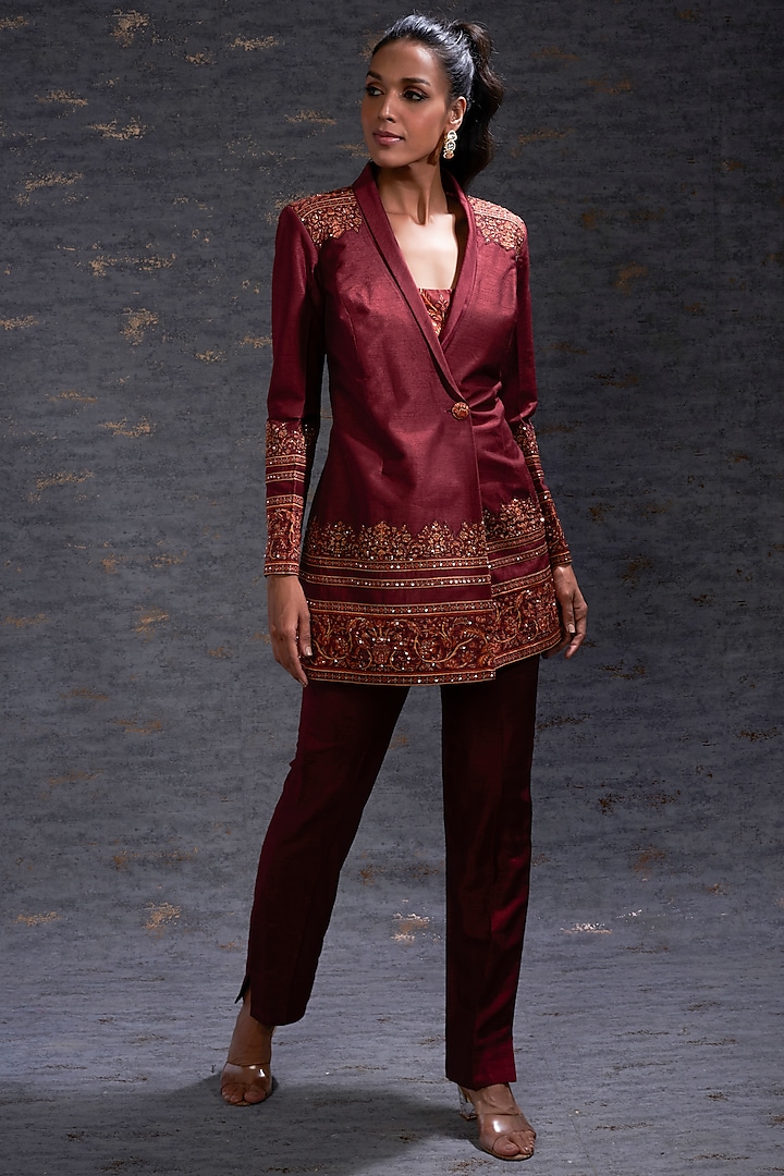 Brick Red Raw Silk Printed Pant Set With Jacket by Hemant Trevedi