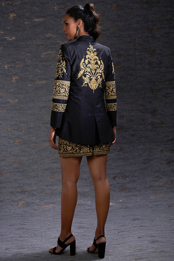 Black Printed Cami Vacation Dress With Blazer by Hemant Trevedi at Pernia's Pop Up Shop