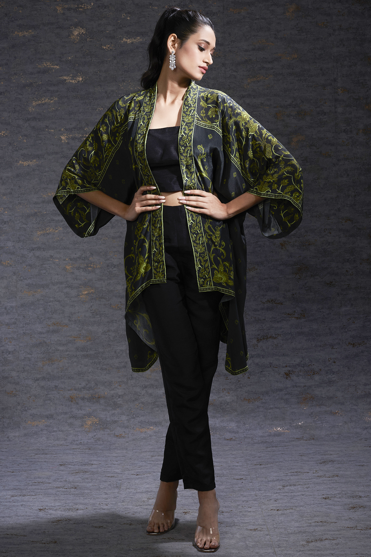 Black & Olive Printed Cape by Hemant Trevedi