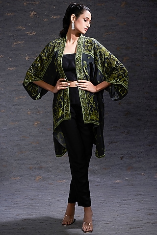Black & Olive Printed Cape by Hemant Trevedi