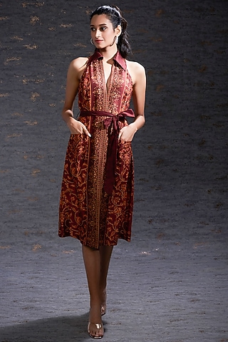 Brick Red Printed Dress With Belt by Hemant Trevedi