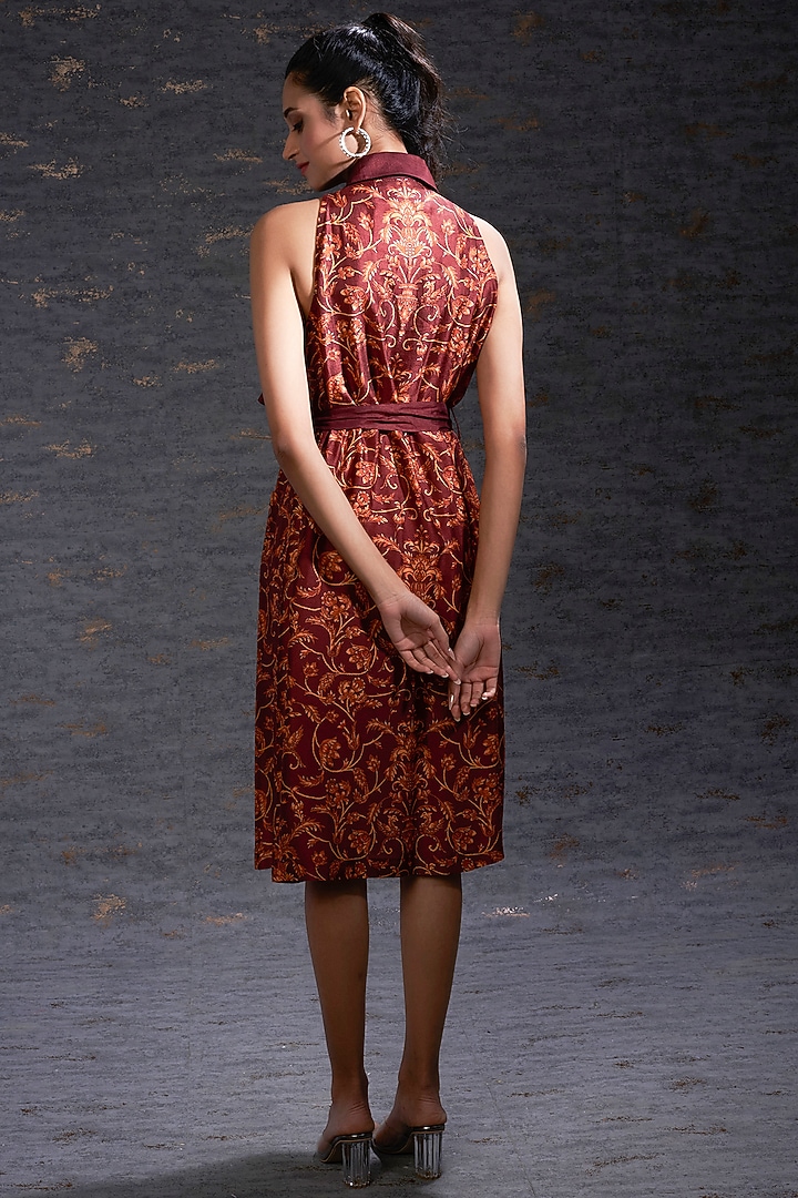 Brick Red Printed Summer Dress With Belt by Hemant Trevedi at Pernia's Pop Up Shop