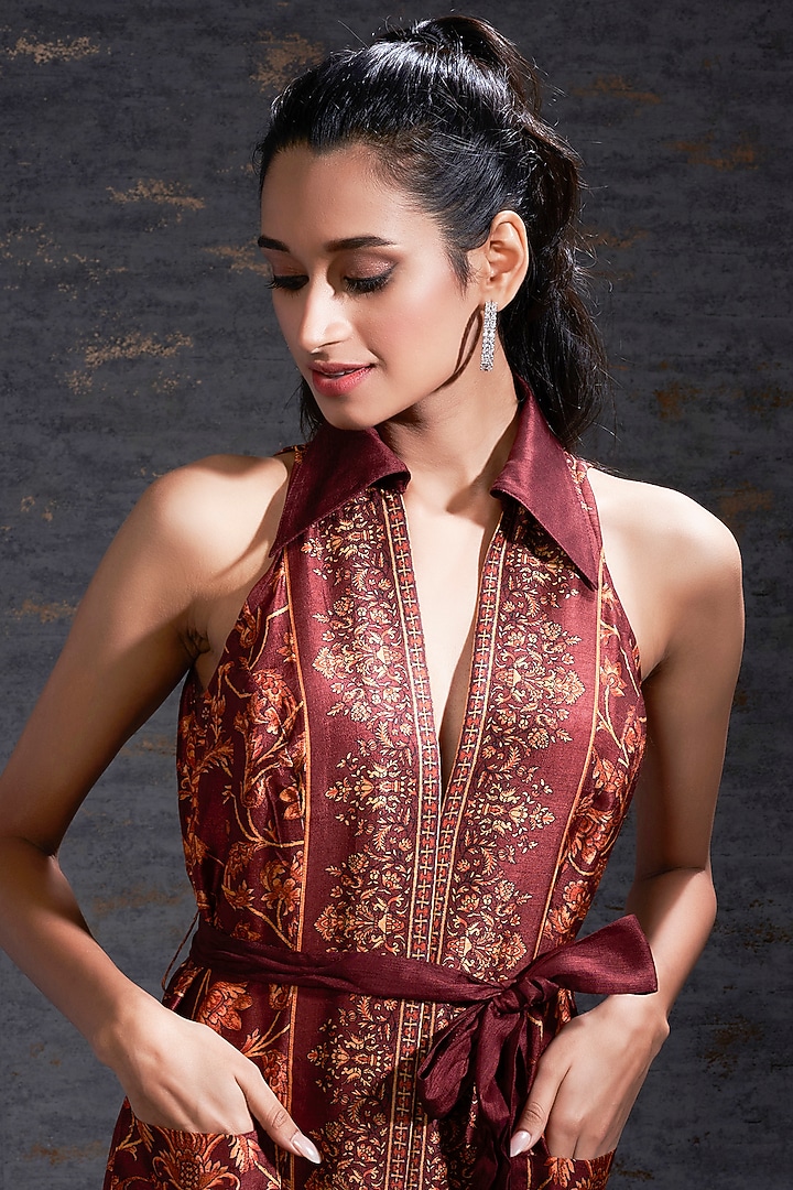 Brick Red Printed Summer Dress With Belt by Hemant Trevedi at Pernia's Pop Up Shop