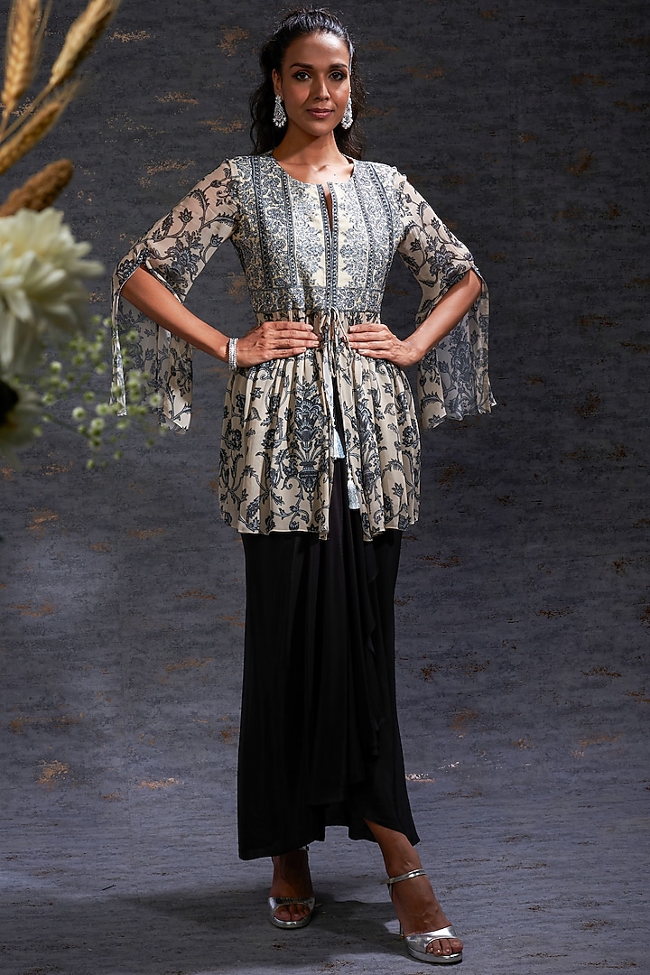 Charcoal Crepe Silk Sarong Pre-Stitched Skirt With Printed Top. by Hemant Trevedi