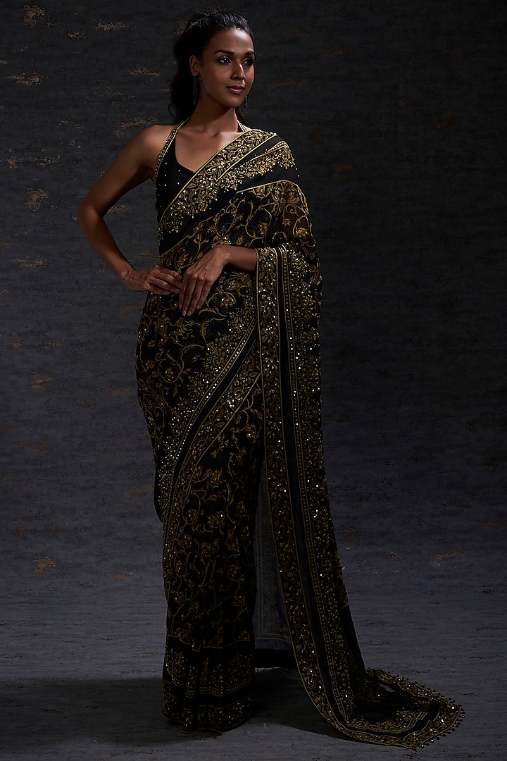 Black & Mustard Printed Saree Set by Hemant Trevedi at Pernia's Pop Up Shop