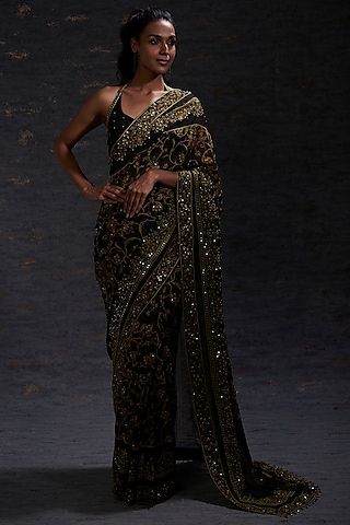 Black & Mustard Printed Saree Set by Hemant Trevedi