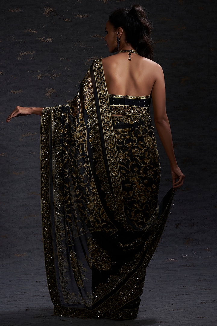 Black & Mustard Printed Wedding Saree Set by Hemant Trevedi at Pernia's Pop Up Shop