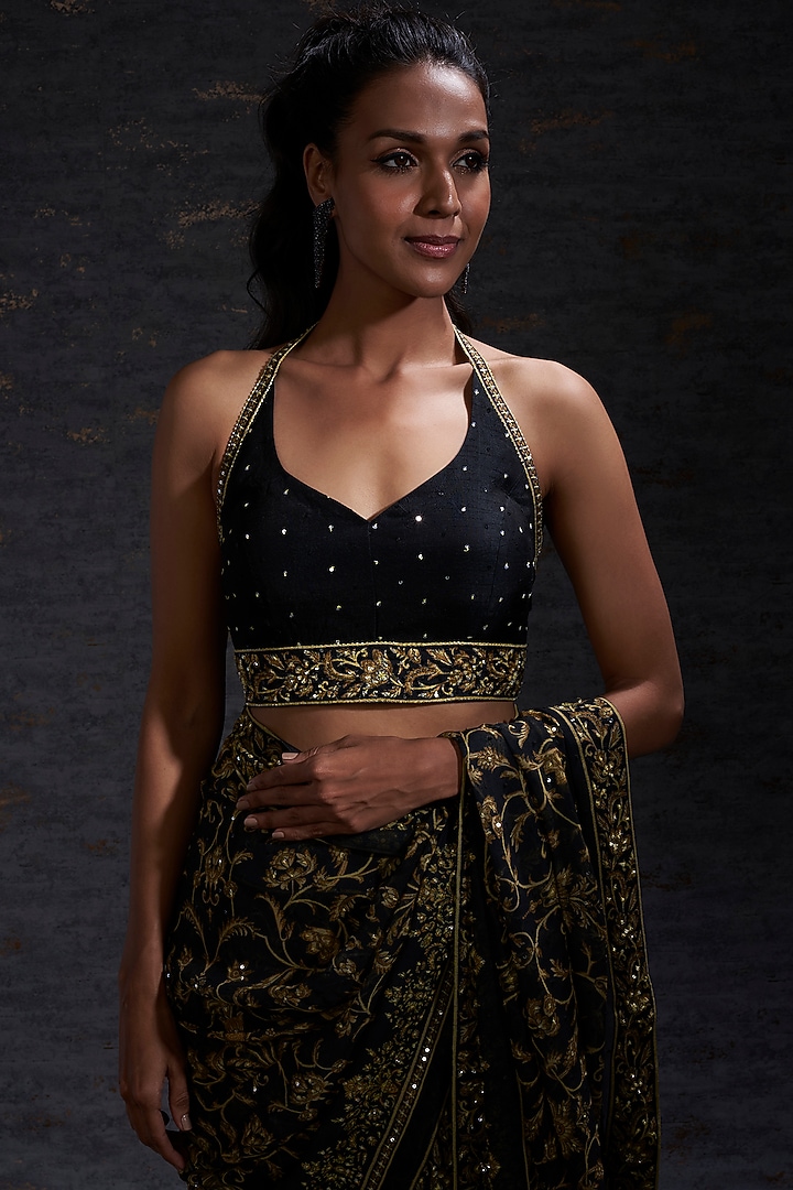 Black & Mustard Printed Wedding Saree Set by Hemant Trevedi at Pernia's Pop Up Shop