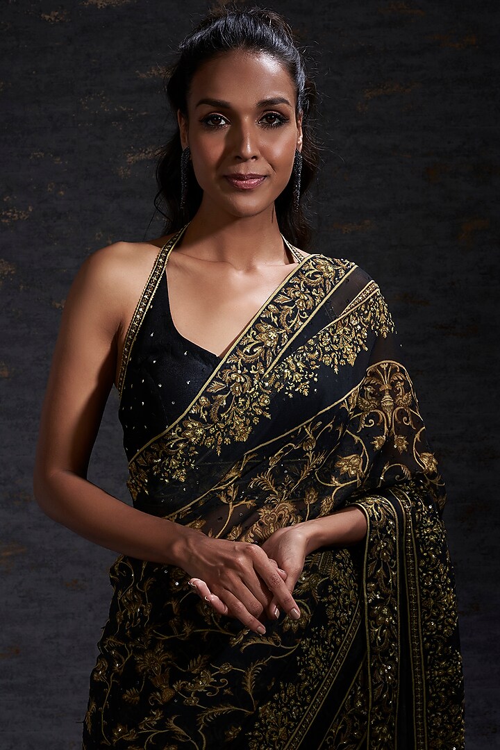 Black & Mustard Printed Wedding Saree Set by Hemant Trevedi at Pernia's Pop Up Shop