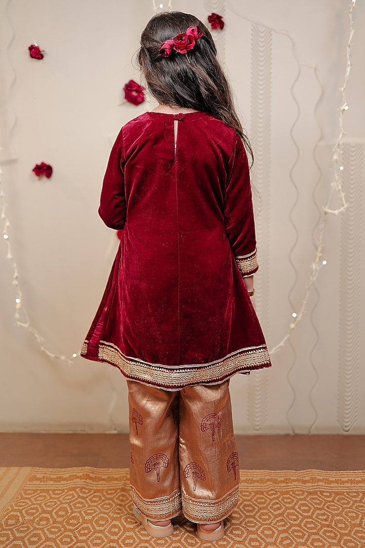 Maroon Velvet Kurta Set For Girls by Tiny Colour at Pernia's Pop Up Shop
