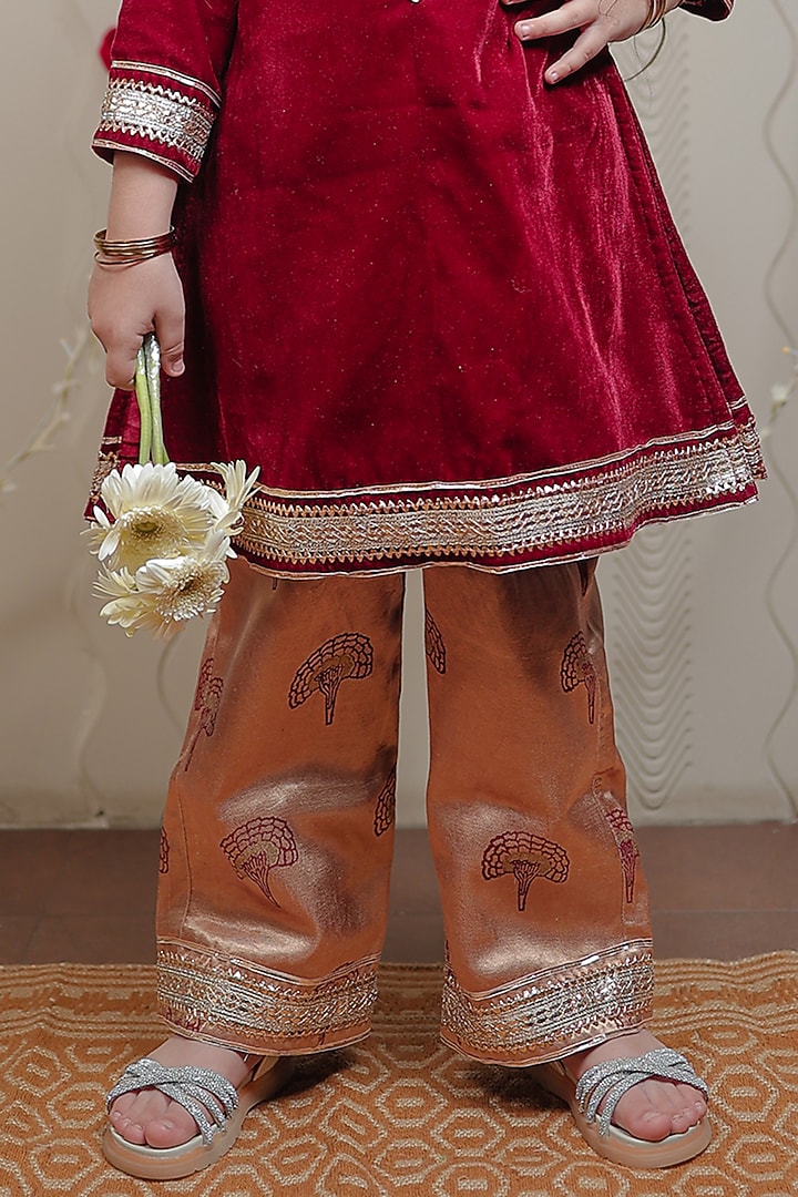 Maroon Velvet Kurta Set For Girls by Tiny Colour at Pernia's Pop Up Shop