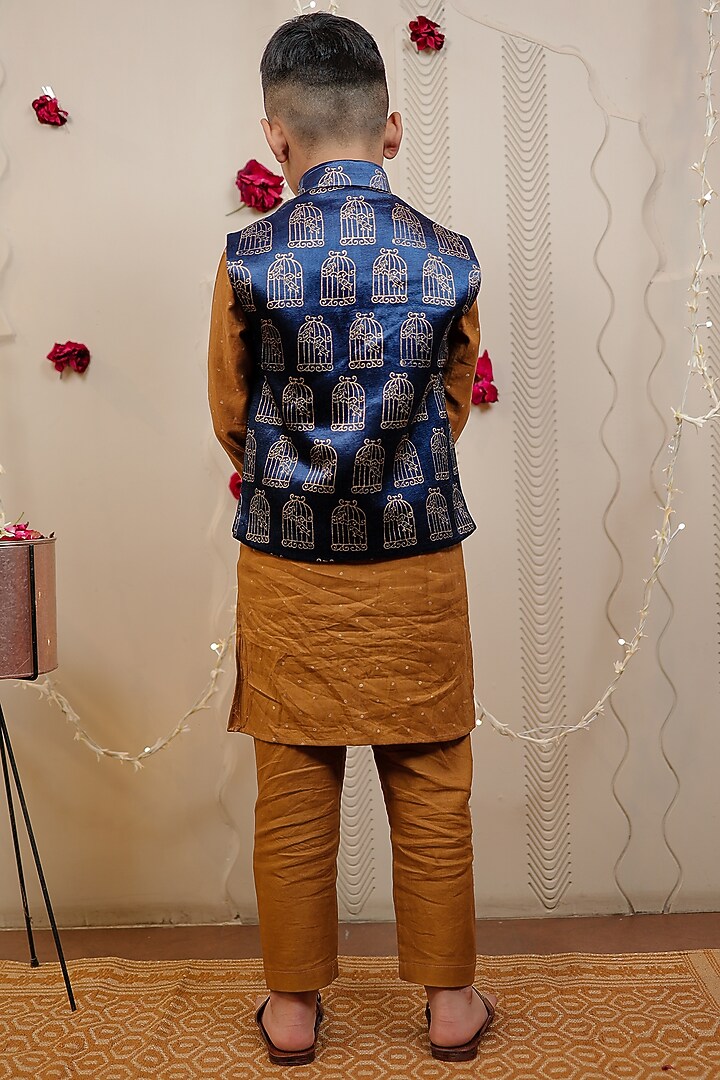 Royal Blue Mashru Silk Blocked Printed Nehru Jacket Set For Boys by Tiny Colour at Pernia's Pop Up Shop