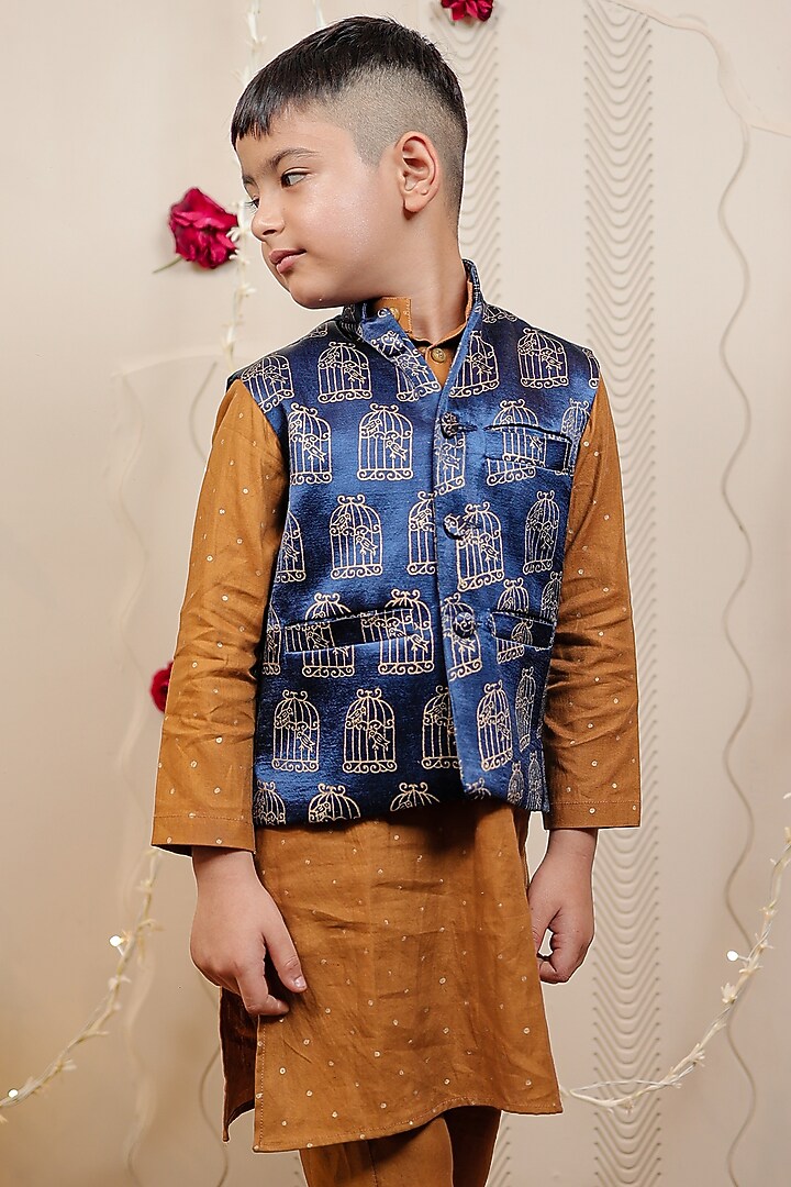 Royal Blue Mashru Silk Blocked Printed Nehru Jacket Set For Boys by Tiny Colour at Pernia's Pop Up Shop