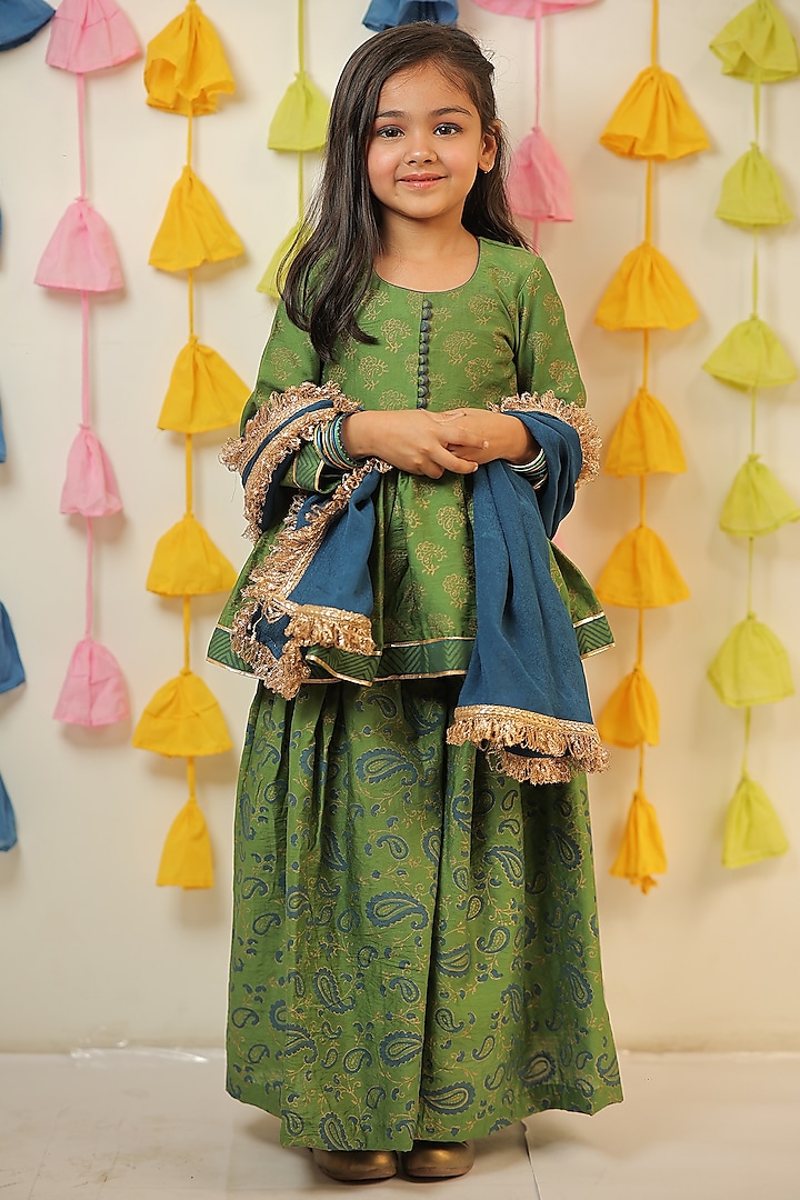 Green Chanderi Sharara Set For Girls by Tiny Colour