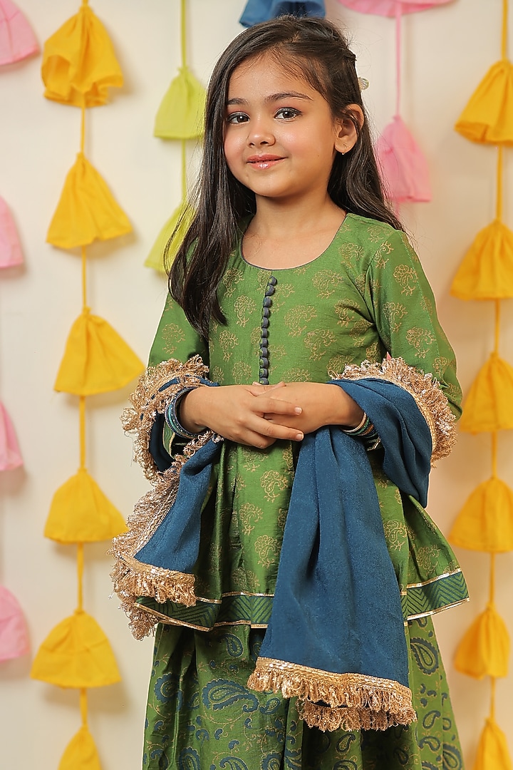 Green Chanderi Sharara Set For Girls by Tiny Colour at Pernia's Pop Up Shop