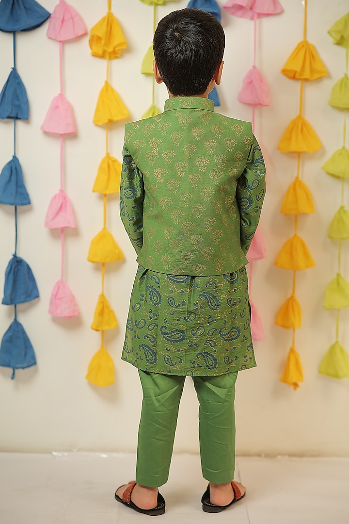Green Chanderi Block Printed Nehru Jacket Set For Boys by Tiny Colour at Pernia's Pop Up Shop
