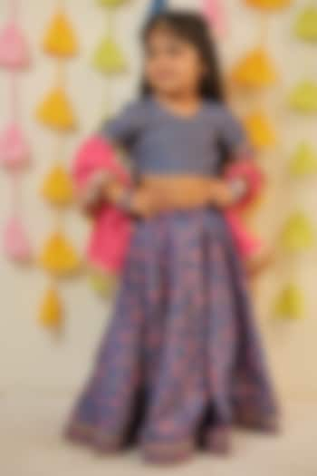 Blue & Pink Chanderi Block Printed Lehenga Set For Girls by Tiny Colour