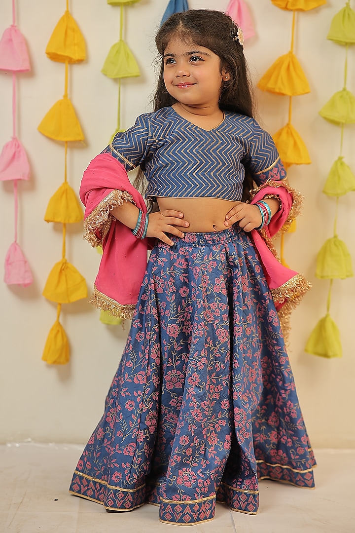 Blue & Pink Chanderi Block Printed Lehenga Set For Girls by Tiny Colour