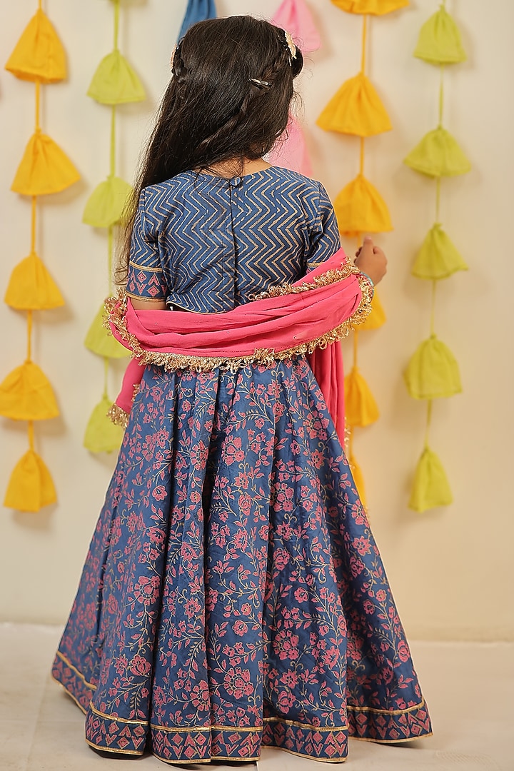 Blue & Pink Chanderi Block Printed Lehenga Set For Girls by Tiny Colour at Pernia's Pop Up Shop