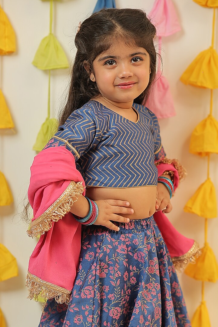 Blue & Pink Chanderi Block Printed Lehenga Set For Girls by Tiny Colour at Pernia's Pop Up Shop