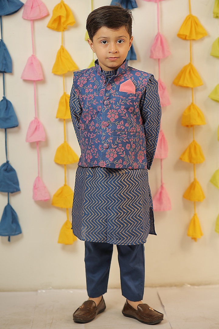 Blue & Pink Chanderi Block Printed Nehru Jacket Set For Boys by Tiny Colour