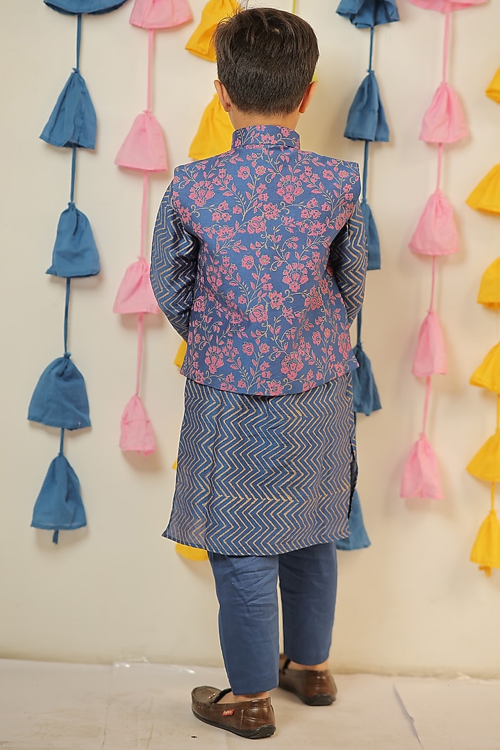 Blue & Pink Chanderi Block Printed Nehru Jacket Set For Boys by Tiny Colour at Pernia's Pop Up Shop