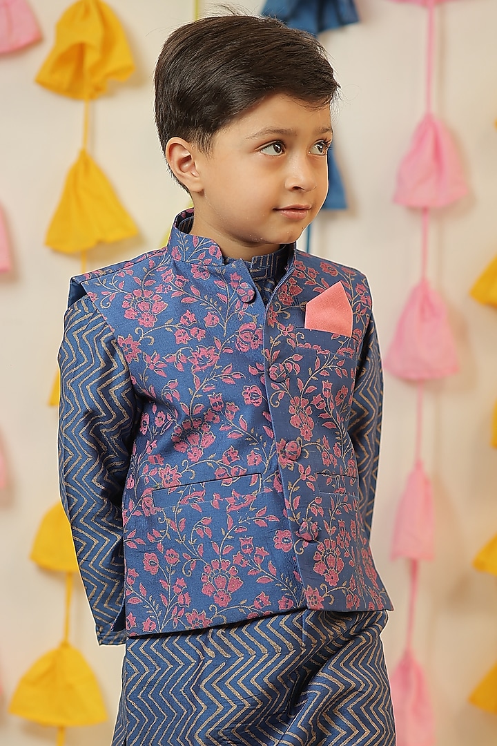 Blue & Pink Chanderi Block Printed Nehru Jacket Set For Boys by Tiny Colour at Pernia's Pop Up Shop