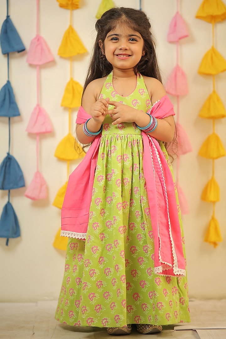 Green & Pink Mulmul Cotton Block Printed Anarkali Set For Girls by Tiny Colour