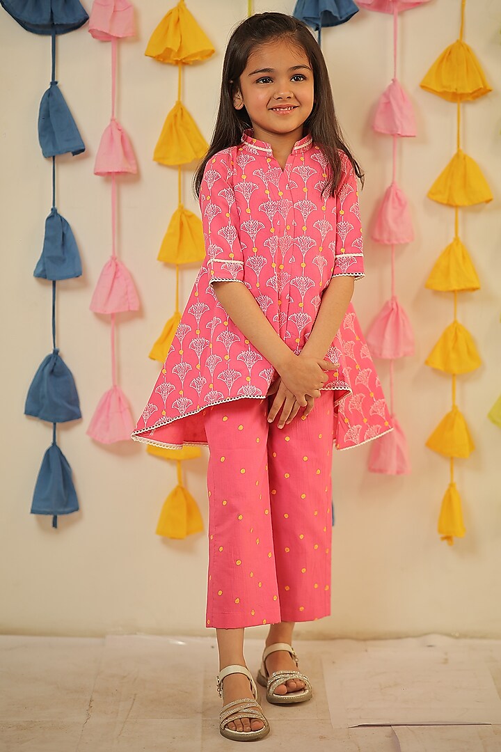 Pink Mulmul Cotton Block Printed High-Low Kurta Set For Girls by Tiny Colour