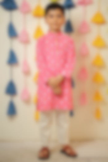 Pink Mulmul Cotton Block Printed Kurta Set For Boys by Tiny Colour