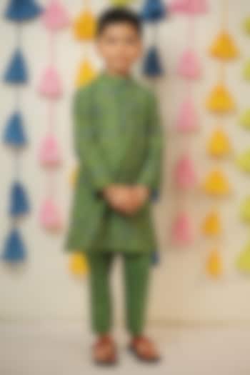 Green Chanderi Block Printed Kurta Set For Boys by Tiny Colour