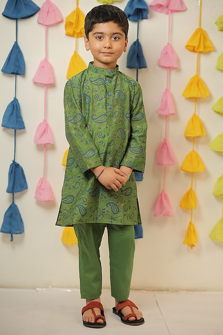 Green Chanderi Block Printed Kurta Set For Boys by Tiny Colour