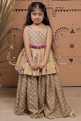 Beige Dola Silk Printed Sharara Set For Girls by Tiny Colour