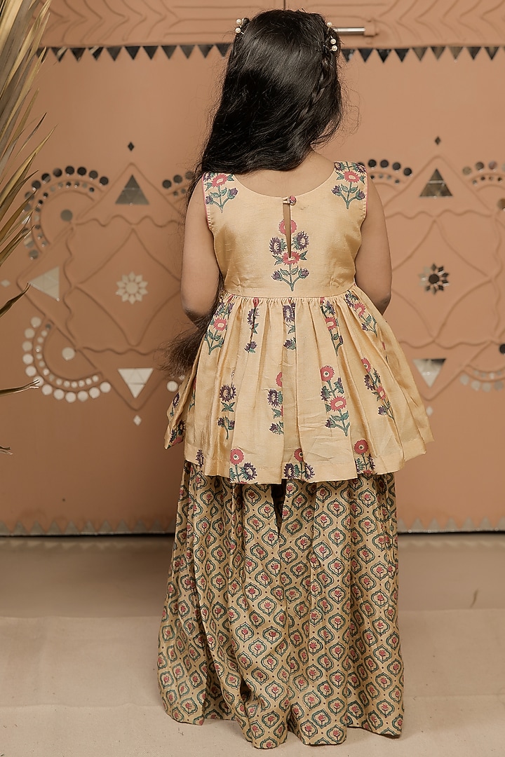 Beige Dola Silk Printed Sharara Set For Girls by Tiny Colour at Pernia's Pop Up Shop