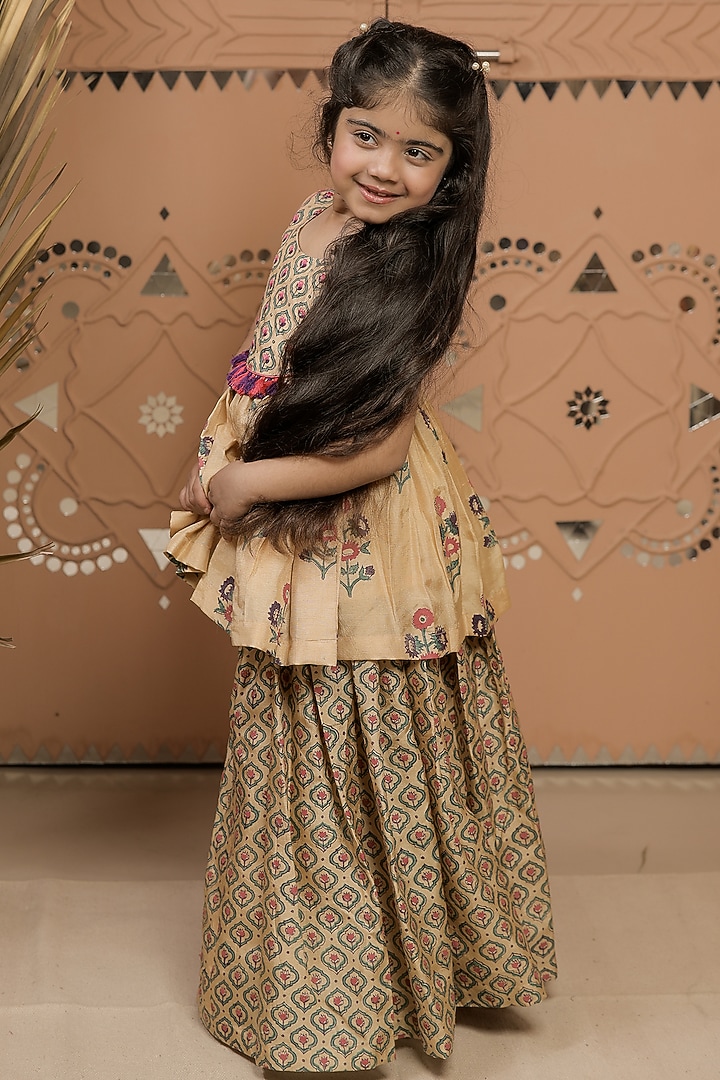 Beige Dola Silk Printed Sharara Set For Girls by Tiny Colour at Pernia's Pop Up Shop